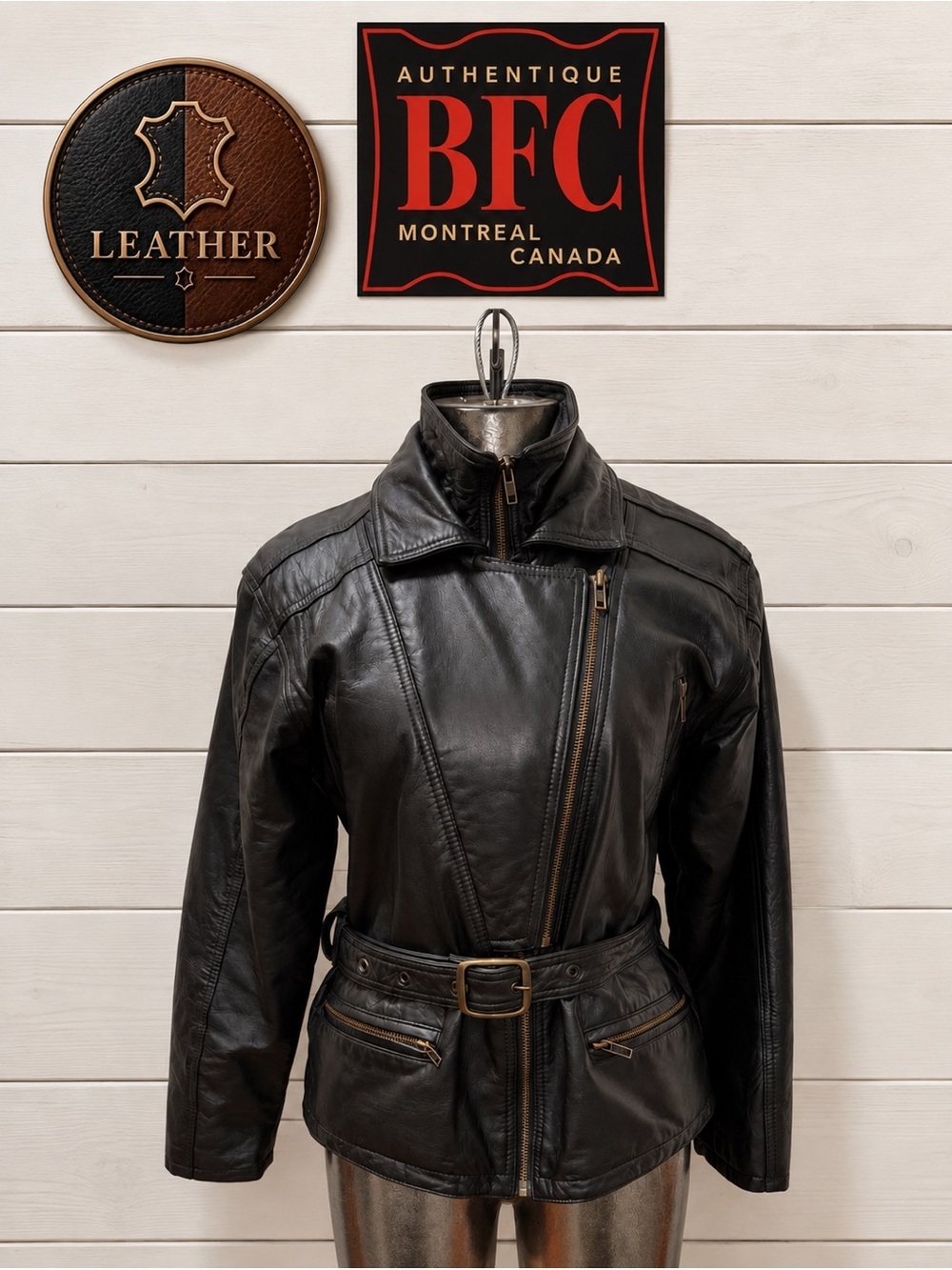 BFC Authentique Vintage Women’s Leather Motorcycle Jacket – Black – Size S